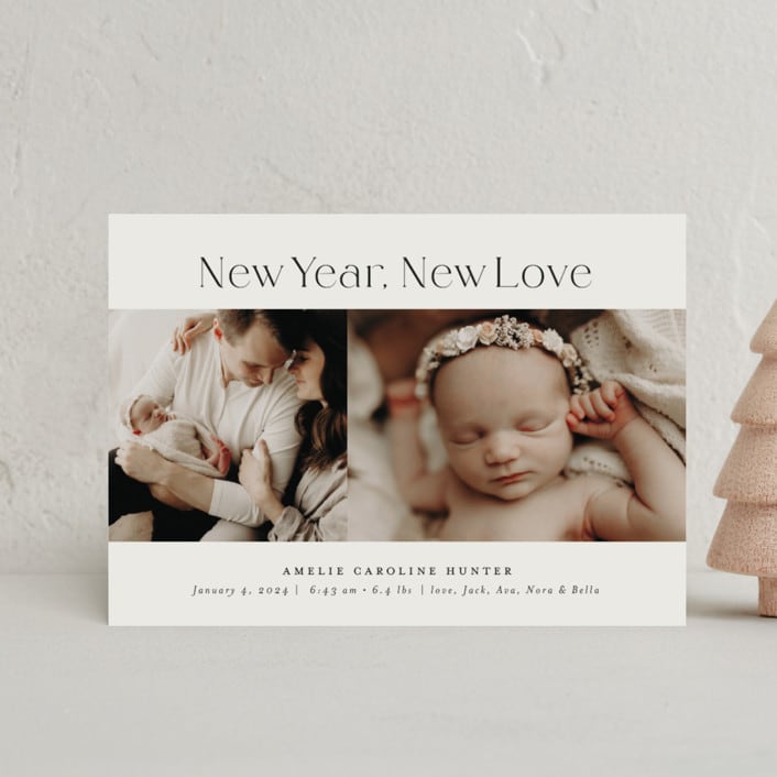"New Love" - Holiday Birth Announcement Cards in Ecru by Nicoletta Savod - Front
