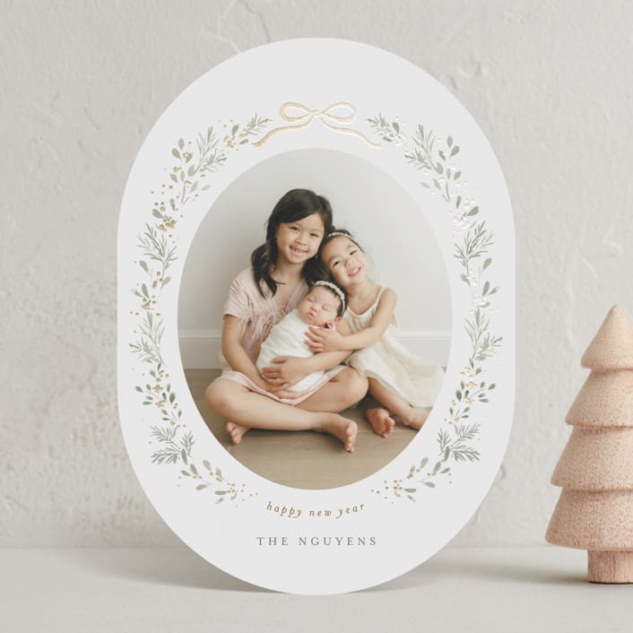 "Ribbon & Wreath" - Holiday Cards in Sage by Itsy Belle Studio - Front