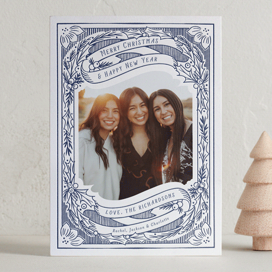 "Holly and Ribbon" - Letterpress Holiday Cards in Blue Jay by Becky Nimoy - Front