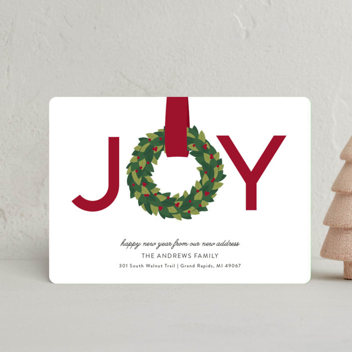 "Joy Wreath" - Holiday Cards in Cranberry by Sarah Brown - Front