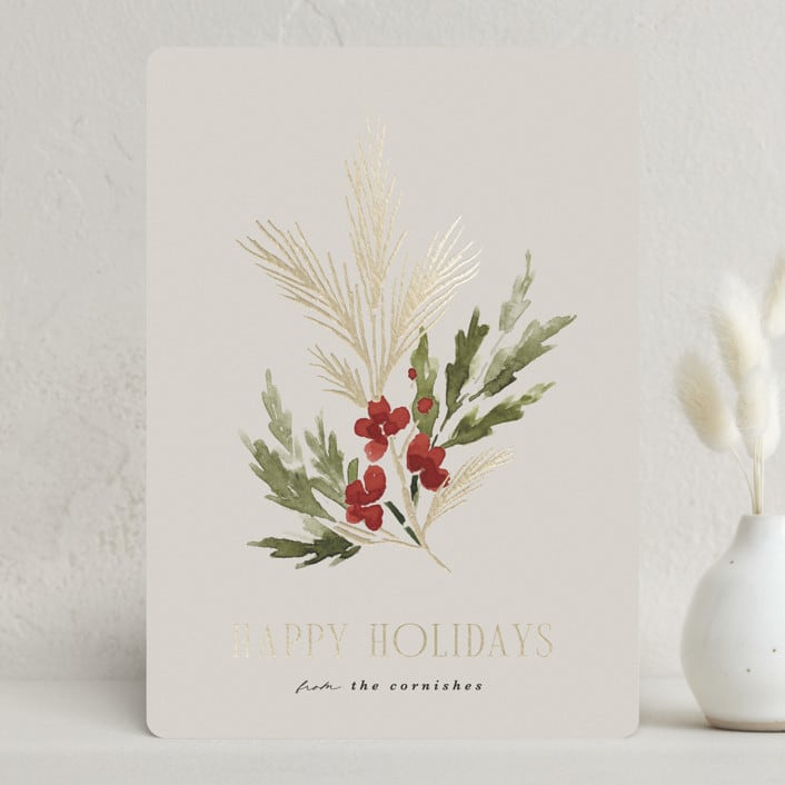 "Simple Sprig" - Holiday Cards in Toasted Almond by Kate Ahn - Front