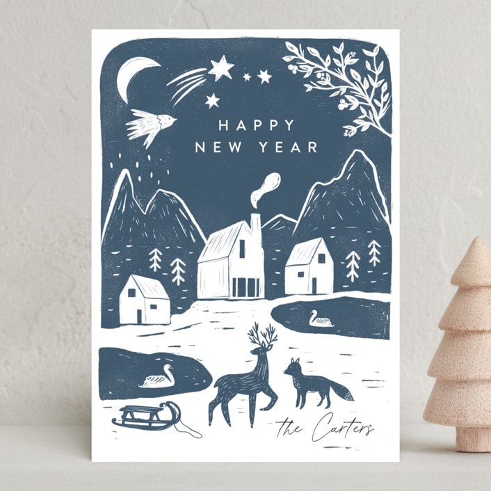 "Winter linocut" - Holiday Cards in Night by Maja Cunningham - Front