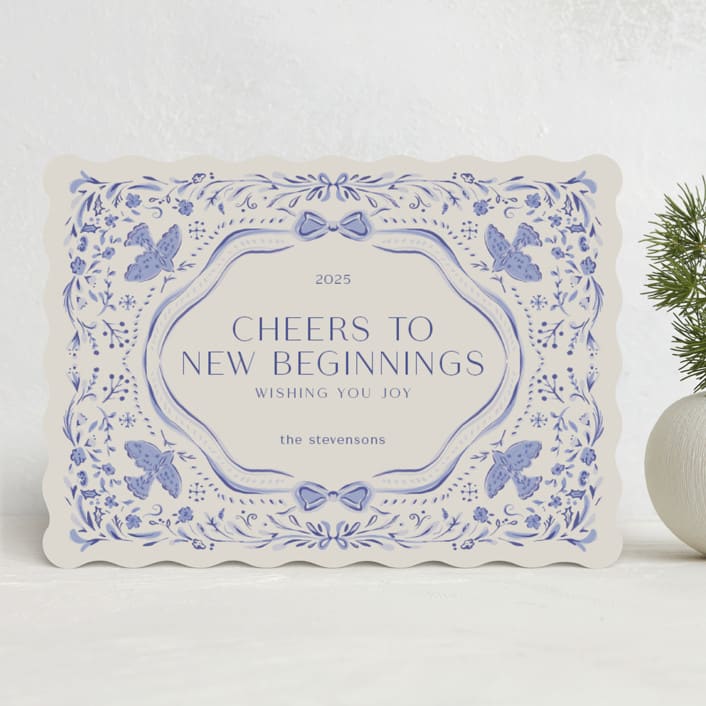 "Painterly Ceramic Border" - Holiday Cards in Winter Sky by Lucrecia Caporale - Front