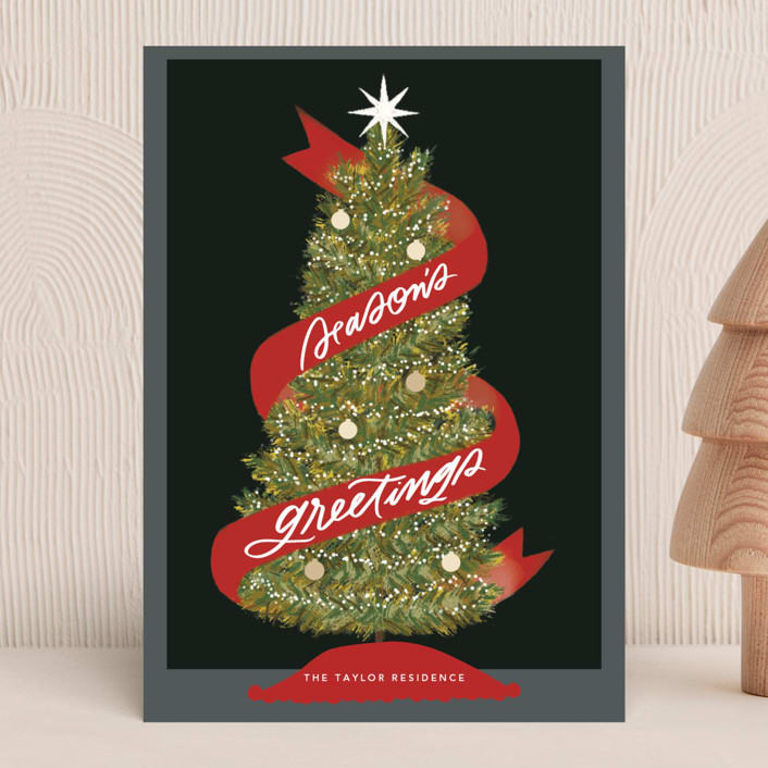 "Seasonal Ribbon" - Holiday Cards in Eclipse by Marabou Design - Front