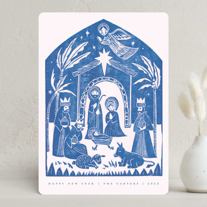 "Linocut Nativity" - Holiday Cards in Sky by Teju Reval - Front