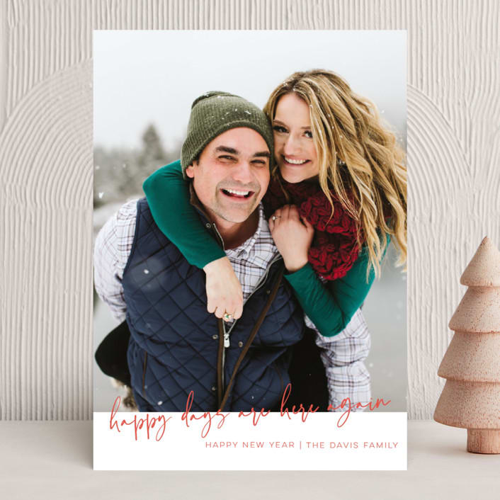 "Here's to Brighter Days" - Holiday Cards in Coral by Sarah Cohn - Front