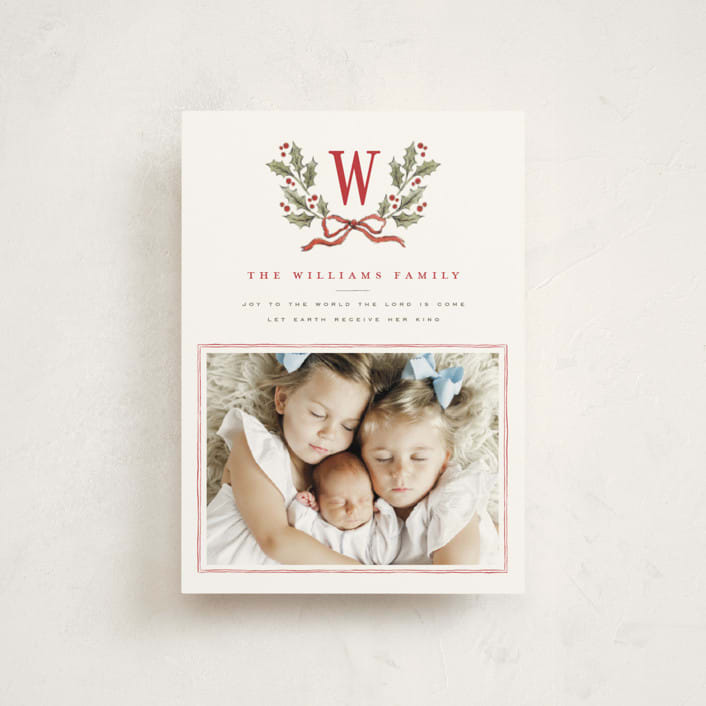 "Holly Monogram" - Holiday Cards in Holly Berry by Wildfield Paper Co - Front