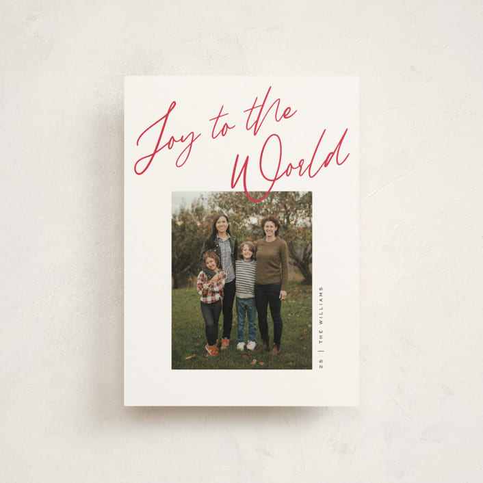 "Joy the the World Scripted" - Holiday Cards in Cranberry by Pixel and Hank - Front