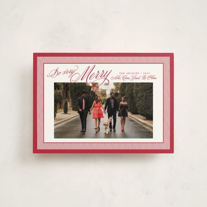 "Merry Striped Frame" - Holiday Cards in Ruby by Alston Foster - Front