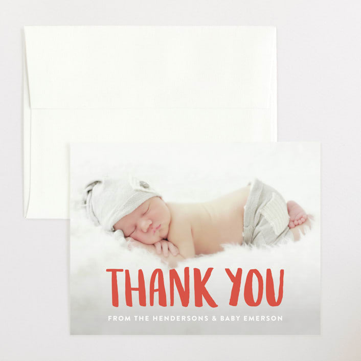 "Hey Baby!" - Baby Shower Thank You Cards in Coral by Kim Chow - Front