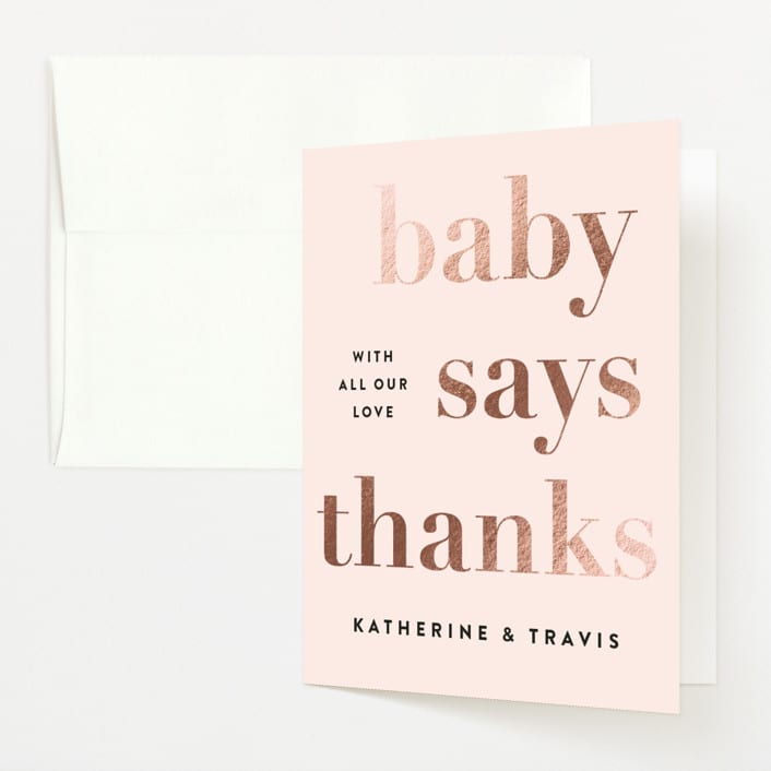 "Laud" - Baby Shower Thank You Cards in Pink Lemonade by Jennifer Lew - Front