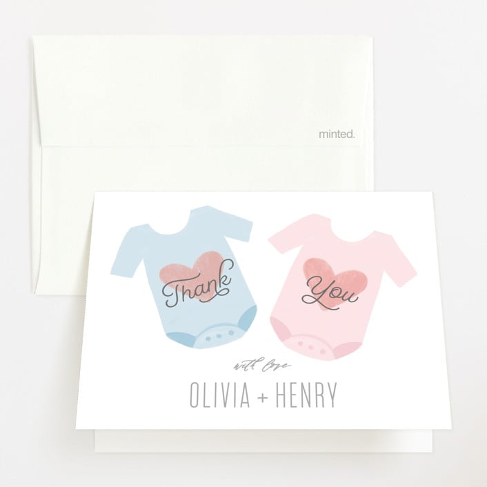 "Twinning" - Baby Shower Thank You Cards in Cotton Candy by Creo Study - Front