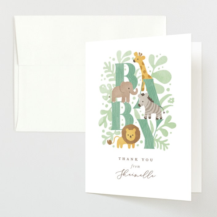 "Petite Safari" - Baby Shower Thank You Cards in Mint by Jennifer Wick - Front
