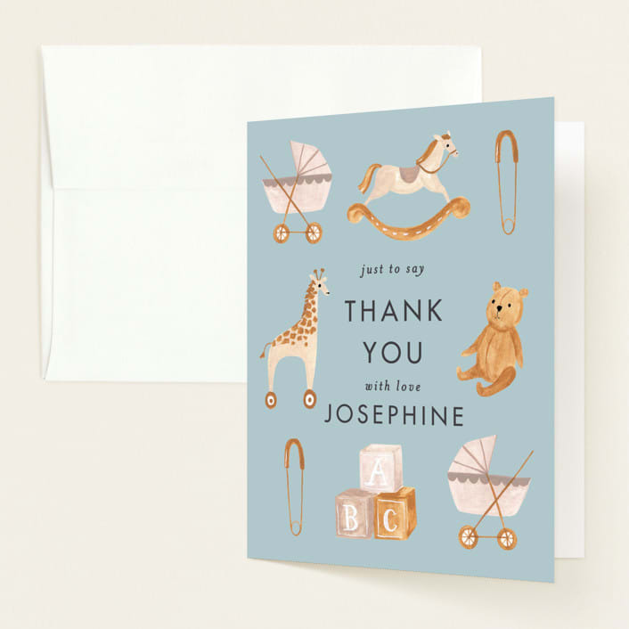 "Prams, bears and baby" - Baby Shower Thank You Cards in Cloud by Sarah Knight - Front
