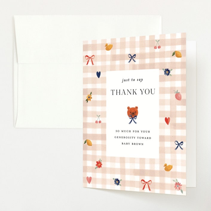 "Gingham" - Baby Shower Thank You Cards in Shortbread by Sarah Knight - Front