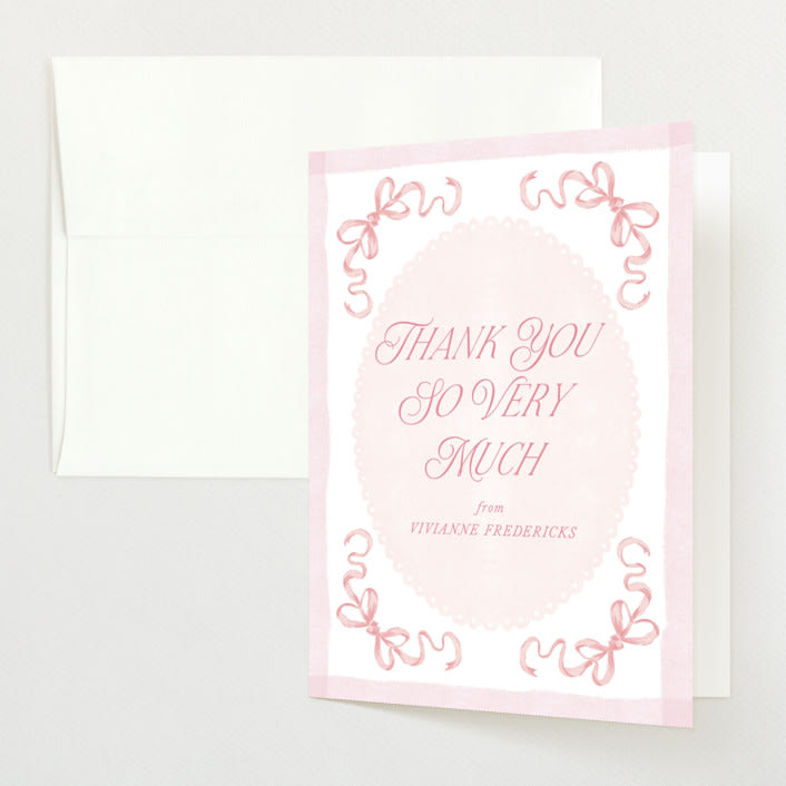 "Doodle Bow Frame" - Baby Shower Thank You Cards in Petal by Jackie Crawford - Front