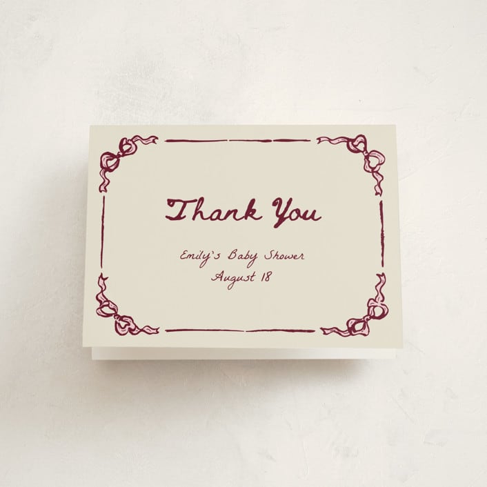 "Bow Corners" - Baby Shower Thank You Cards in Rosewood by Cass Loh - Front