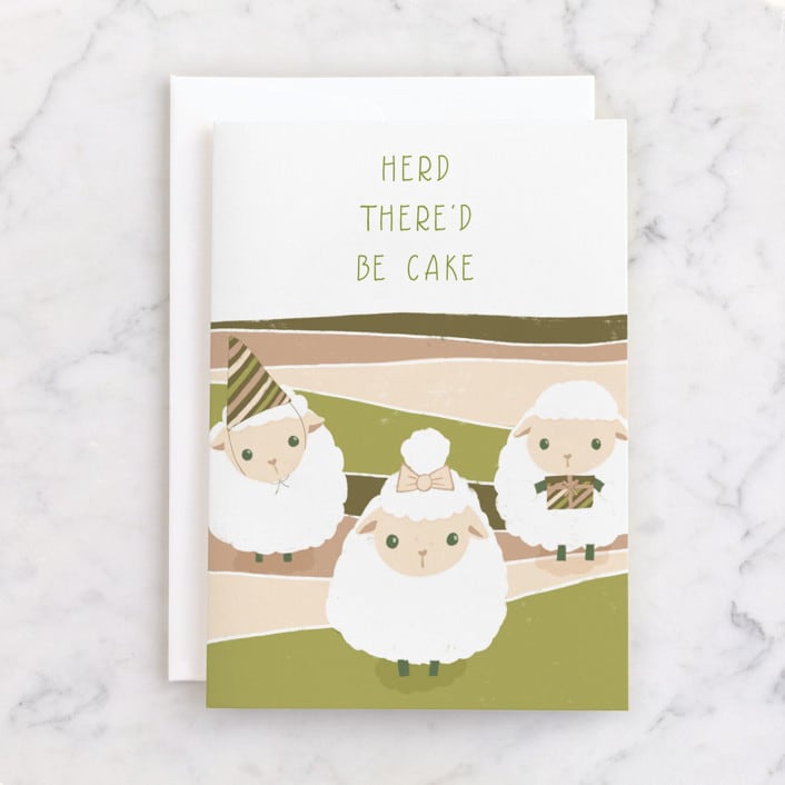 "herd there'd be cake" - Single Greeting Cards in Grass by Leanne Friedberg - Front