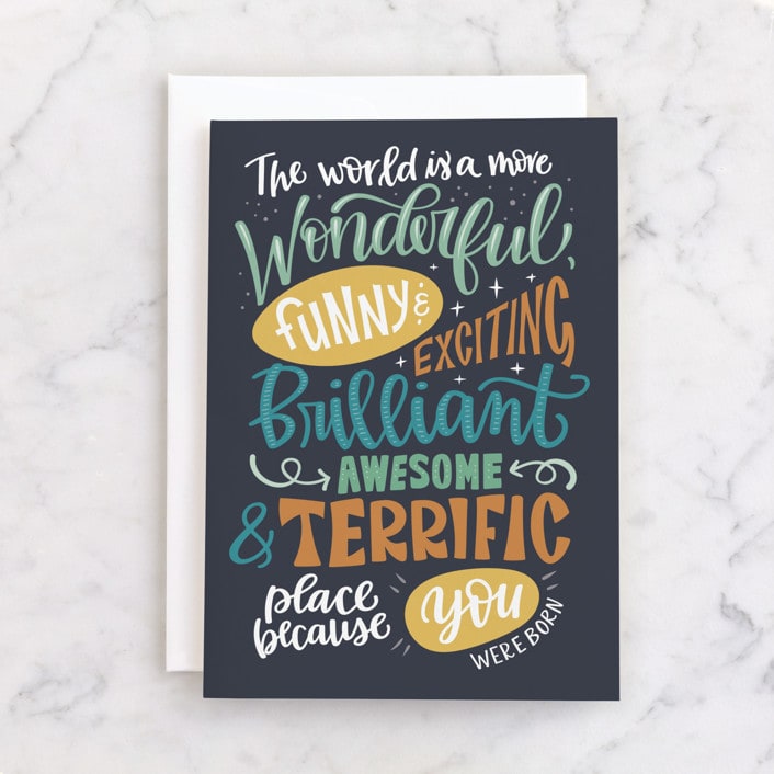 "Wonderful" - Single Greeting Cards in Denim by Emily Skinner - Front
