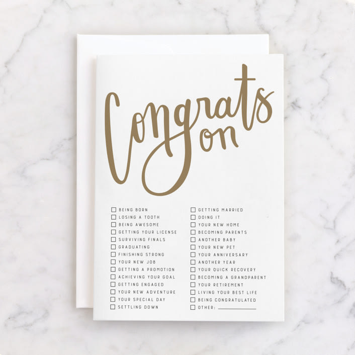 "All-Purpose Congrats" - Single Greeting Cards in Gold by Jess Wilson - Front