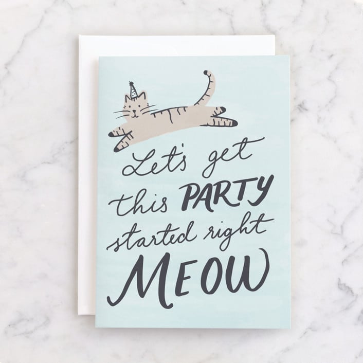 "Party Meow" - Single Greeting Cards in Baby Blue by Everett Paper Goods - Front