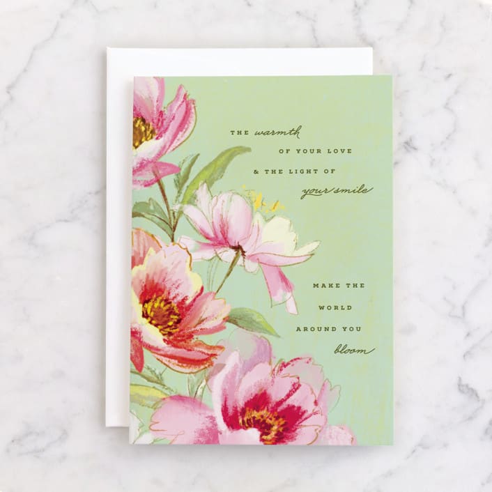 "Peony" - Single Greeting Cards in Mint by Olivia Kanaley Inman - Front