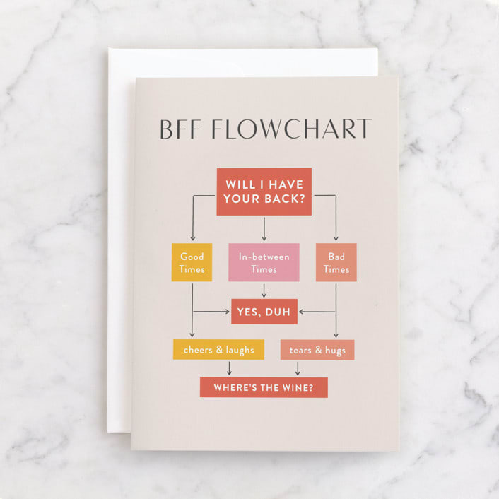 "BFF Flowchart" - Single Greeting Cards in Blush by Shannon Kohn - Front