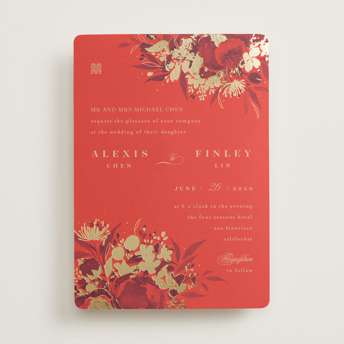 "Happiness" - Wedding Invitations in Cherry by Shannon Chen of Four Wet Feet Studio - Front