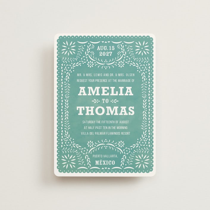 "Fiesta Folk Art" - Wedding Invitations in Lagoon by root beer float - Front
