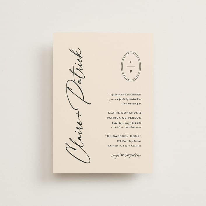 "Script and Monogram" - Wedding Invitations in Sand by Carolyn MacLaren - Front