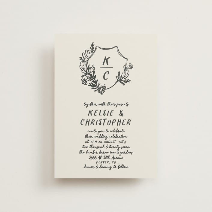 "Botanical Crest" - Wedding Invitations in Ink by Kelly Watkins - Front