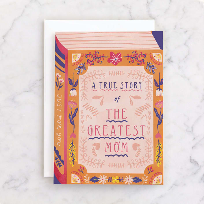 "The Greatest Book of History About Mom" - Single Greeting Cards in Peach by Kartika Paramita - Front
