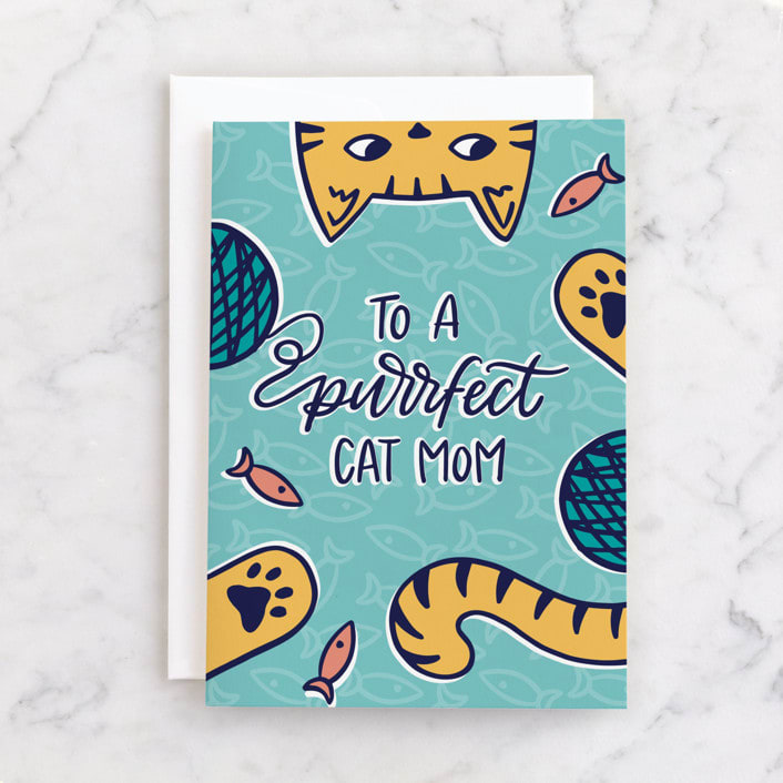 "Purrfect Cat Mom" - Single Greeting Cards in Ocean by Ashley Presutti Beasley - Front