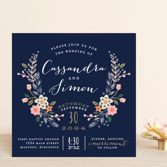 "Wildflower Crest" - Wedding Invitations in Navy by Alethea and Ruth - Front
