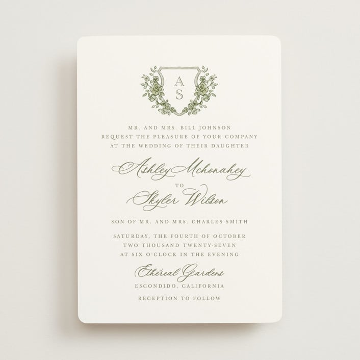 "watercolor flowers crest" - Wedding Invitations in Moss by Cass Loh - Front