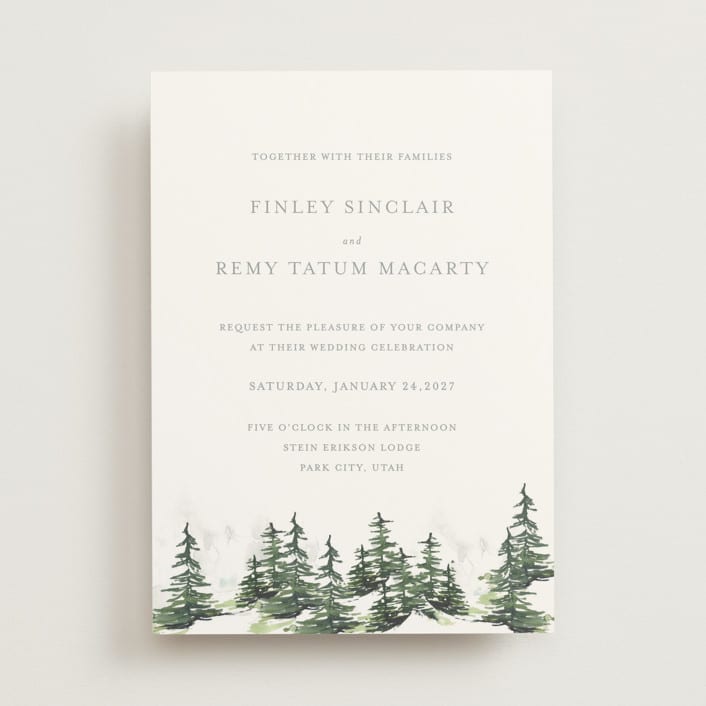 "On the Slopes" - Wedding Invitations in Fog by Mere Paper - Front