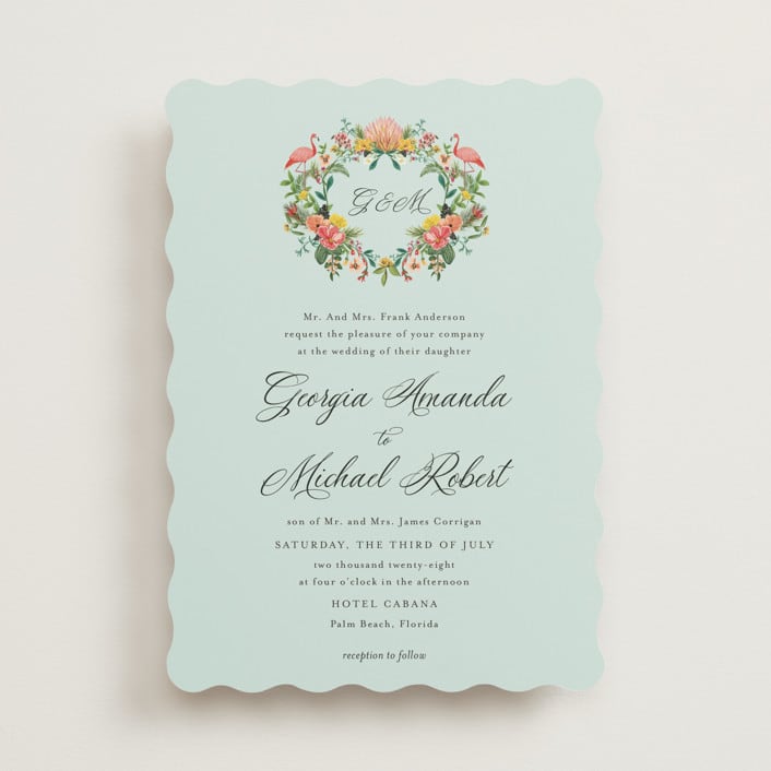 "Tropical Crest" - Wedding Invitations in Papaya by Susan Moyal - Front