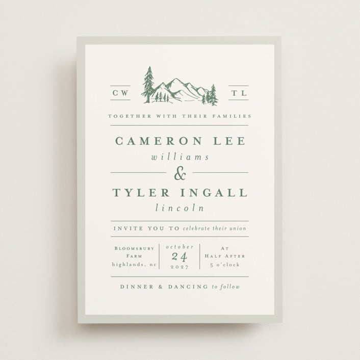"Blue Ridge" - Wedding Invitations in Pine by Amy Kross - Front