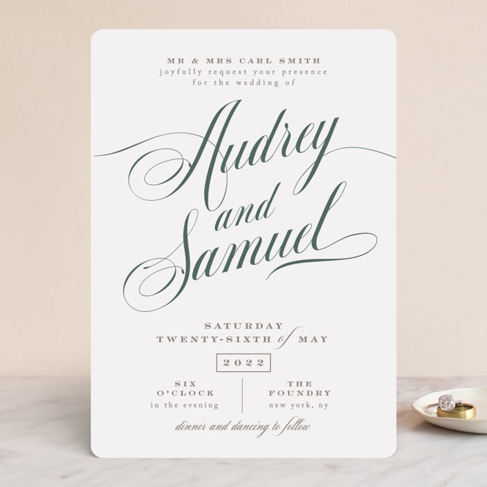"Roman Shade" - Wedding Invitations in Evergreen by Carrie ONeal - Front