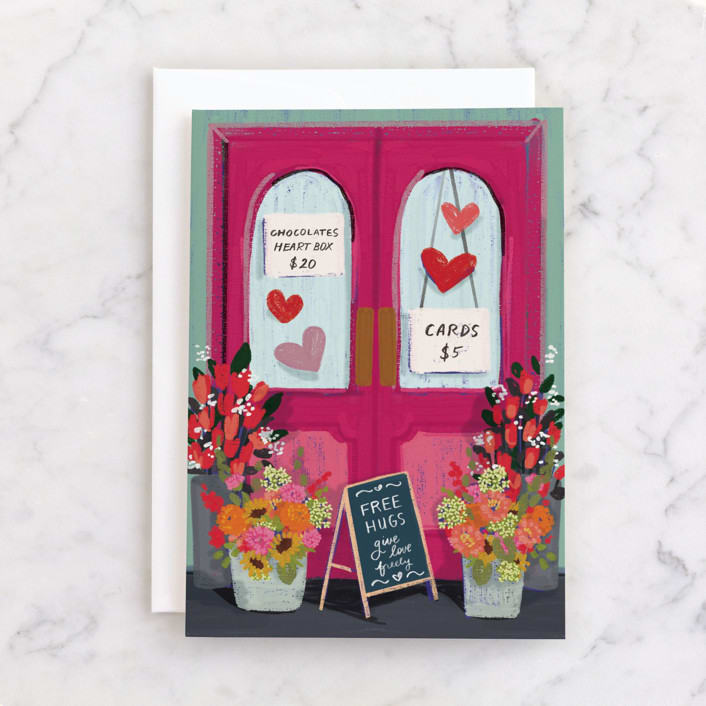 "Valentine Gift Shop" - Single Greeting Cards in Azalea by Becky Nimoy - Front