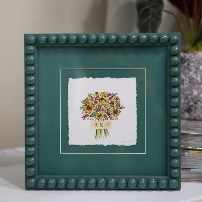 "Custom Bouquet Art in Green Frame" - Keepsake Art in green by Lily Field Studio