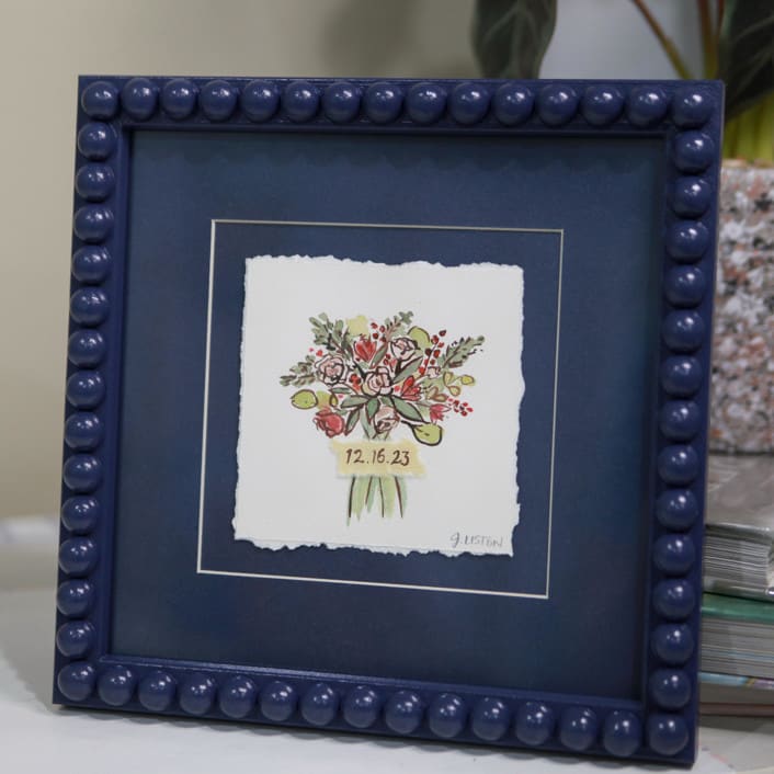 "Custom Bouquet Art in Indigo Blue Frame" - Keepsake Art in blue by Lily Field Studio