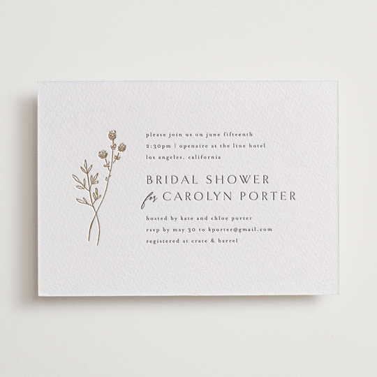 "rustic elegance" - Letterpress Bridal Shower Invitations in Matte Gold by Kelly Schmidt - Front