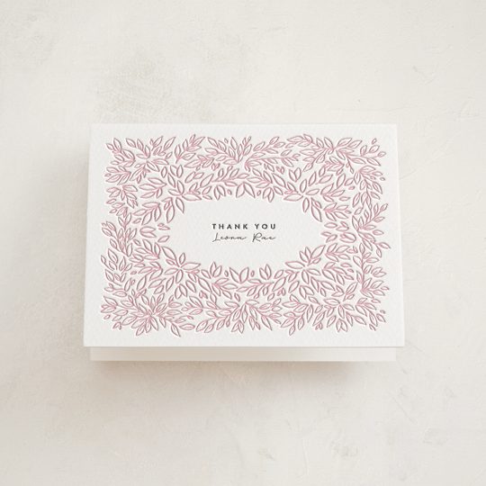 "Lovely Leaves" - Letterpress Baby Shower Thank You Cards in Classic Pink by Jessie Steury - Front