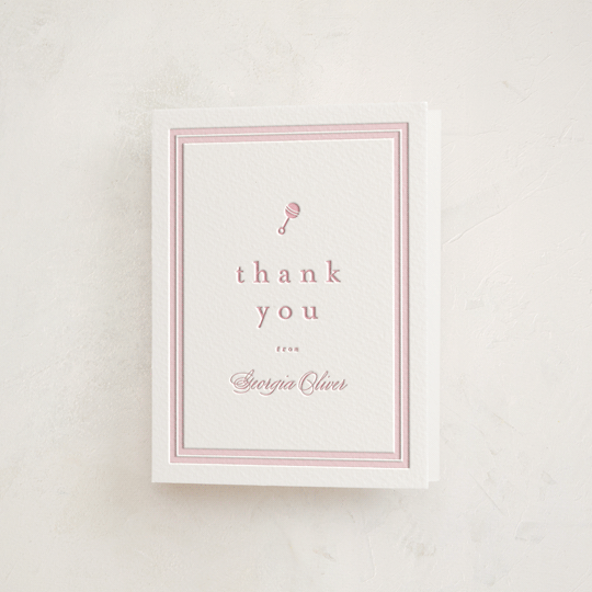 "Classic Start" - Letterpress Baby Shower Thank You Cards in Classic Pink by Carolyn MacLaren - Front