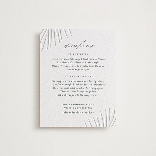 "Faded Palm" - Letterpress Direction Cards in Stone by Lauren Chism - Front