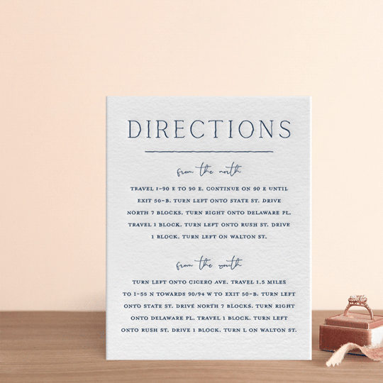 "Refined Tradition" - Letterpress Direction Cards in Indigo by Stacey Meacham - Front