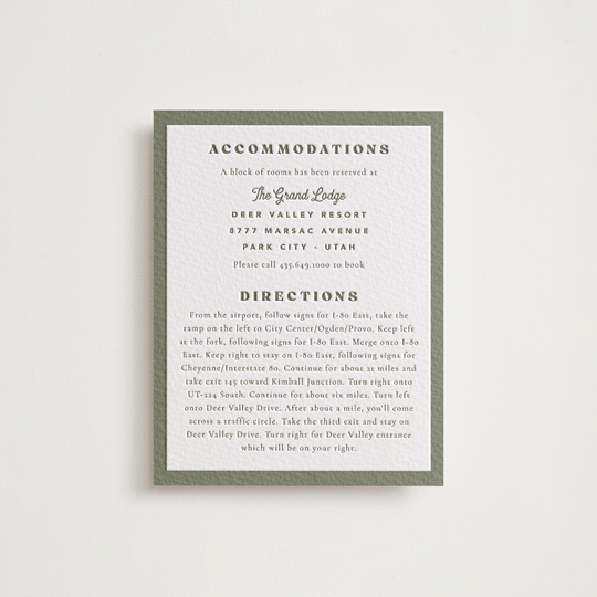 "Sequoia" - Letterpress Direction Cards in Moss by Robert and Stella - Front
