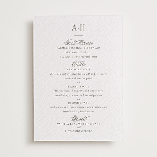"Hepburn" - Letterpress Menus in Moss by Megan Davis - Front