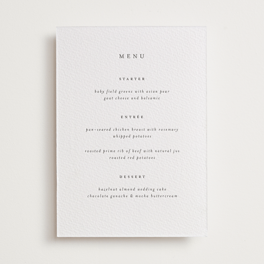 "A Thousand Years" - Letterpress Menus in Soft Black by Design Lotus - Front